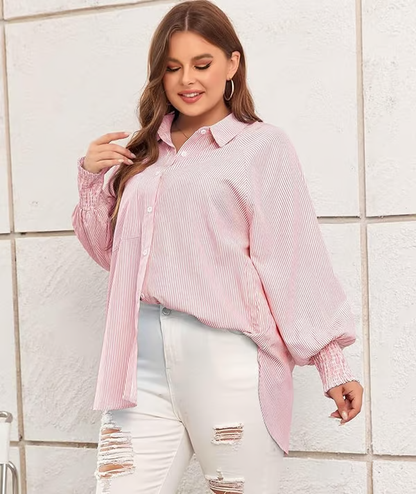 ✨💥Mid-length smocked shirt with striped lapel and oversized drawdown sleeves