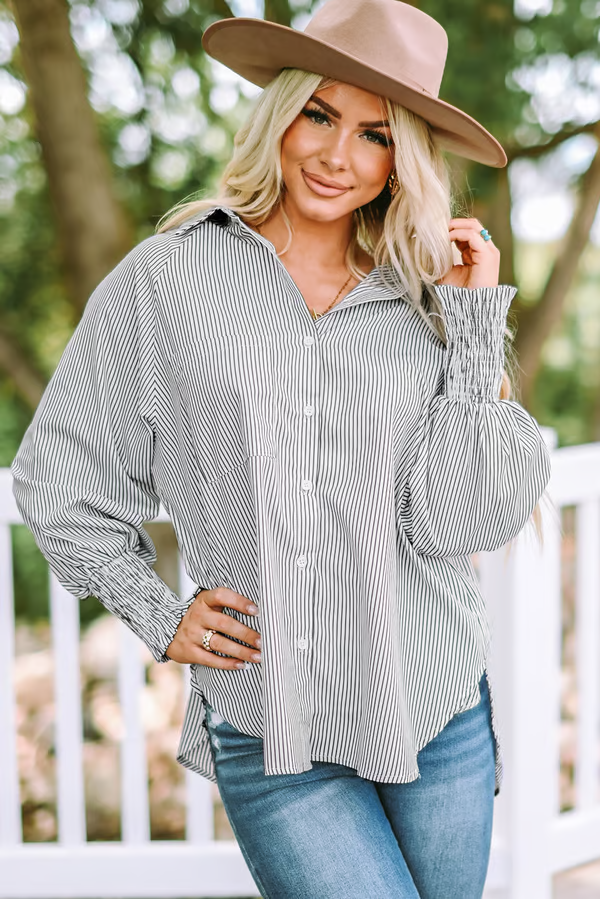 ✨💥Mid-length smocked shirt with striped lapel and oversized drawdown sleeves