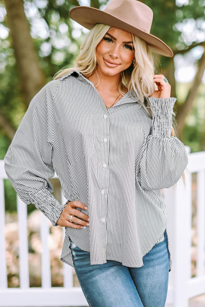 ✨💥Mid-length smocked shirt with striped lapel and oversized drawdown sleeves