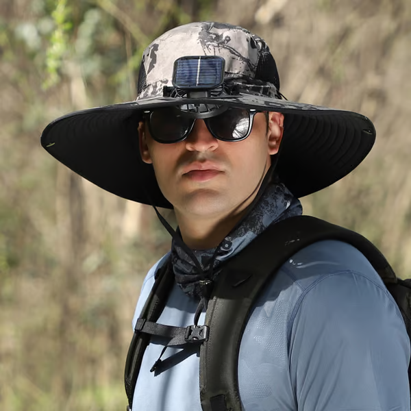 🔥Oferta del Día del Padre 49% de descuento - Sombrero de pesca al aire libre con ventilador solar de ala ancha - Carga solar y USB