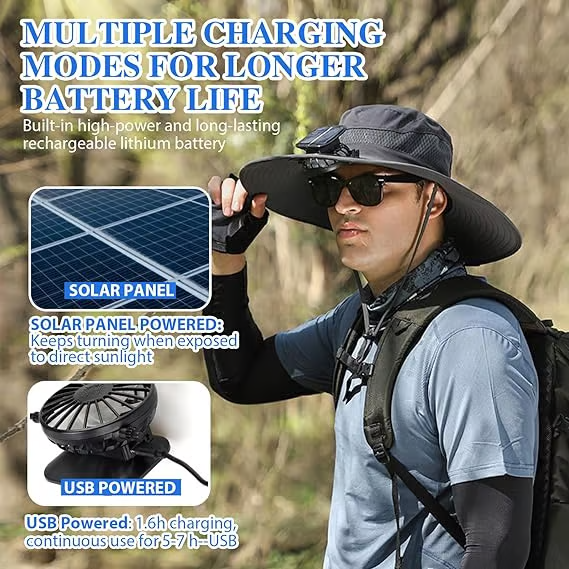 🔥Oferta del Día del Padre 49% de descuento - Sombrero de pesca al aire libre con ventilador solar de ala ancha - Carga solar y USB