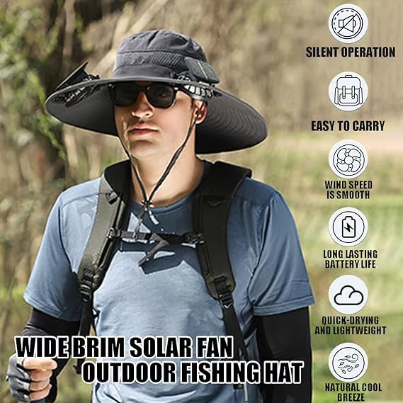 🔥Oferta del Día del Padre 49% de descuento - Sombrero de pesca al aire libre con ventilador solar de ala ancha - Carga solar y USB