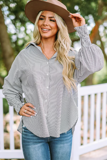 ✨💥Mid-length smocked shirt with striped lapel and oversized drawdown sleeves