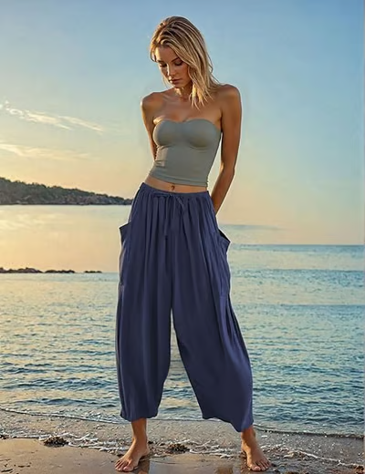 ☀️Pantalones anchos de lino para mujer con bolsillos