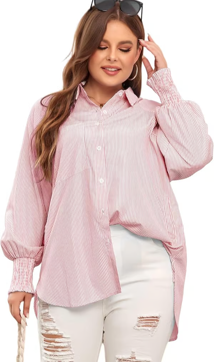 ✨💥Mid-length smocked shirt with striped lapel and oversized drawdown sleeves