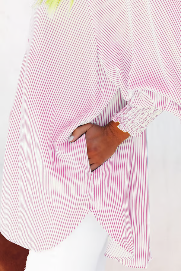 ✨💥Mid-length smocked shirt with striped lapel and oversized drawdown sleeves