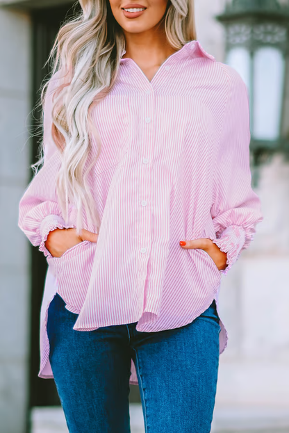 ✨💥Mid-length smocked shirt with striped lapel and oversized drawdown sleeves