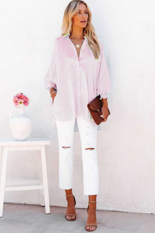 ✨💥Mid-length smocked shirt with striped lapel and oversized drawdown sleeves