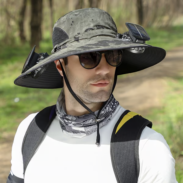 🔥Oferta del Día del Padre 49% de descuento - Sombrero de pesca al aire libre con ventilador solar de ala ancha - Carga solar y USB