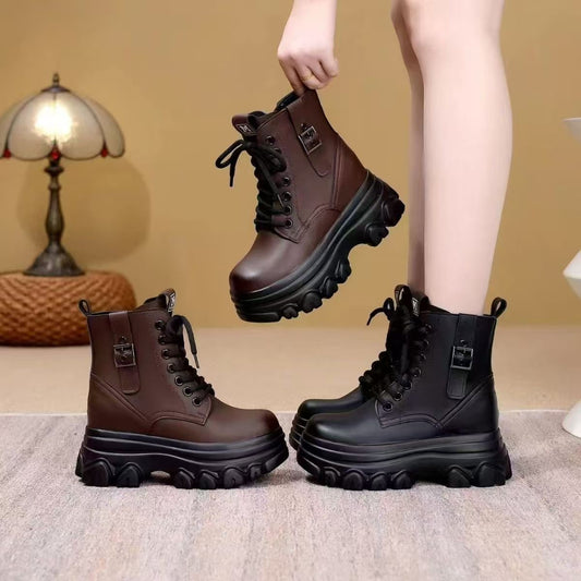 Botas Cortas Mujer Plataforma Suela Gruesa Cordones Hebilla