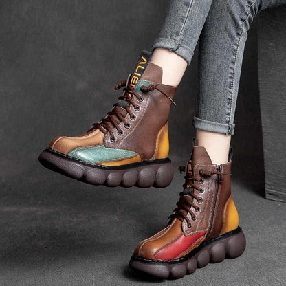 Botas de plataforma casuales de piel con bloques de color para mujer