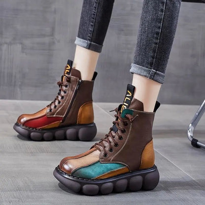 Botas de plataforma casuales de piel con bloques de color para mujer
