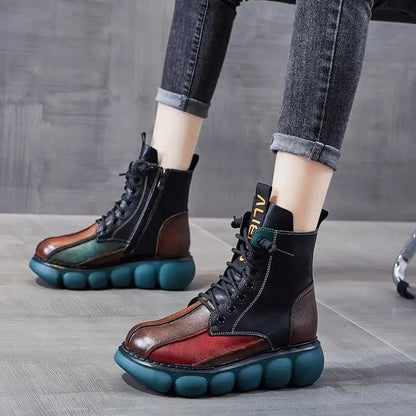 Botas de plataforma casuales de piel con bloques de color para mujer