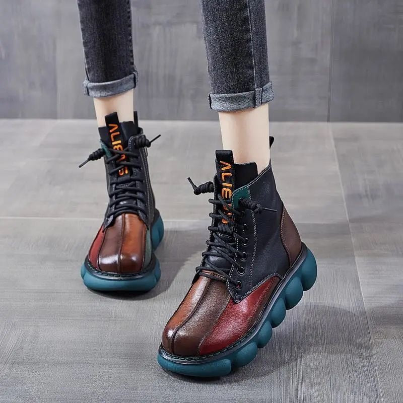 Botas de plataforma casuales de piel con bloques de color para mujer