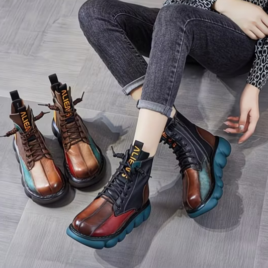 Botas de plataforma casuales de piel con bloques de color para mujer