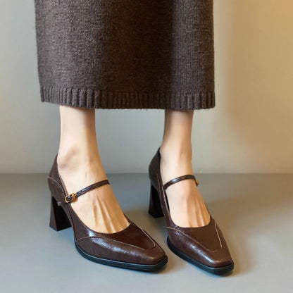Zapatos de Punta Cuadrada para Mujer con Tacón Grueso y Correa