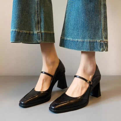 Zapatos de Punta Cuadrada para Mujer con Tacón Grueso y Correa
