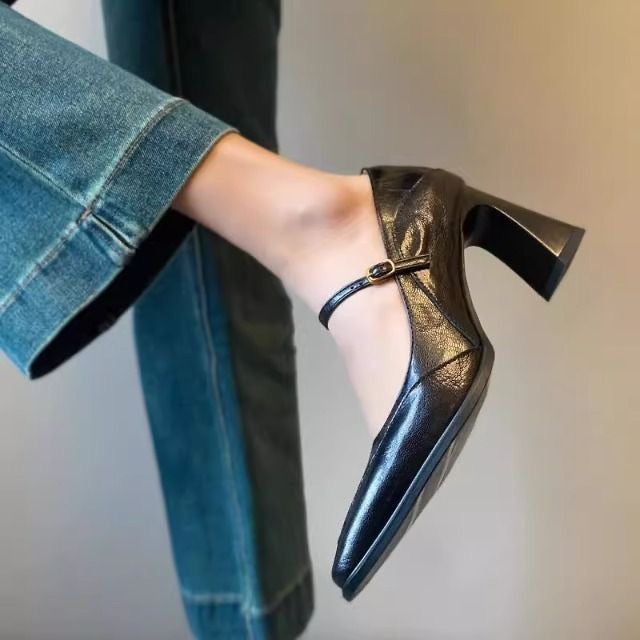 Zapatos de Punta Cuadrada para Mujer con Tacón Grueso y Correa