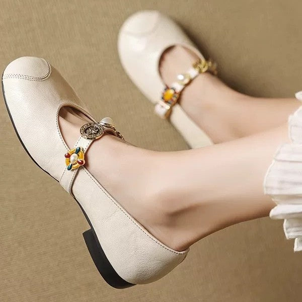 Zapatos casuales de piel suave con punta redonda, tacón bajo y estilo retro