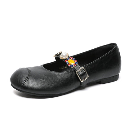Zapatos casuales de piel suave con punta redonda, tacón bajo y estilo retro