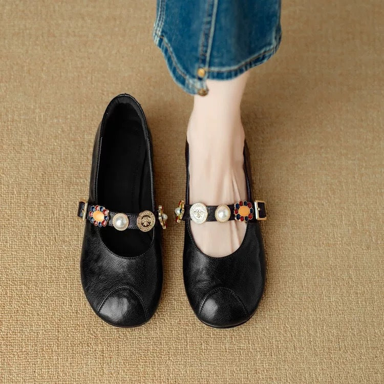 Zapatos casuales de piel suave con punta redonda, tacón bajo y estilo retro