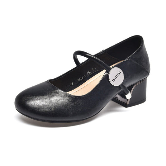 Zapatos clásicos de piel con punta redonda y tacón grueso