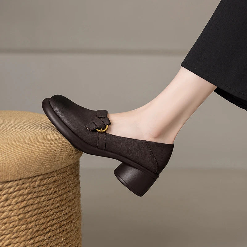 Zapatos de piel suave con tacón medio, punta redonda y plataforma