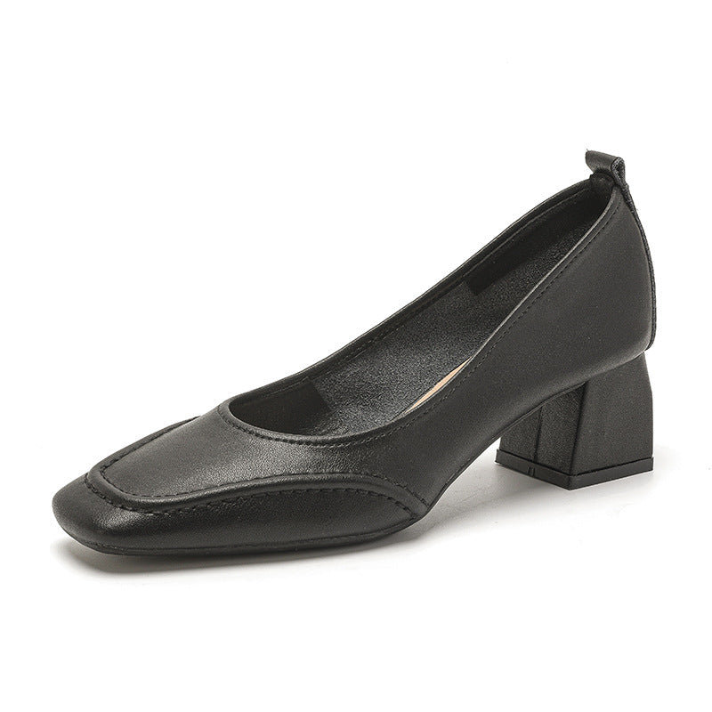 Tacones de piel genuina con punta cuadrada y tacón grueso