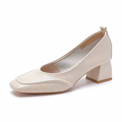 Tacones de piel genuina con punta cuadrada y tacón grueso