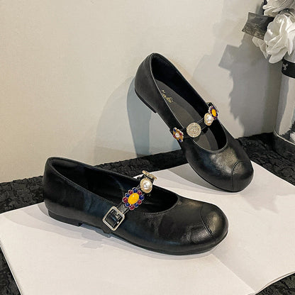 Zapatos casuales de piel suave con punta redonda, tacón bajo y estilo retro