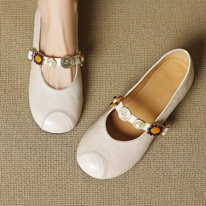 Zapatos casuales de piel suave con punta redonda, tacón bajo y estilo retro