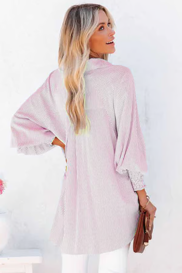 ✨💥Mid-length smocked shirt with striped lapel and oversized drawdown sleeves
