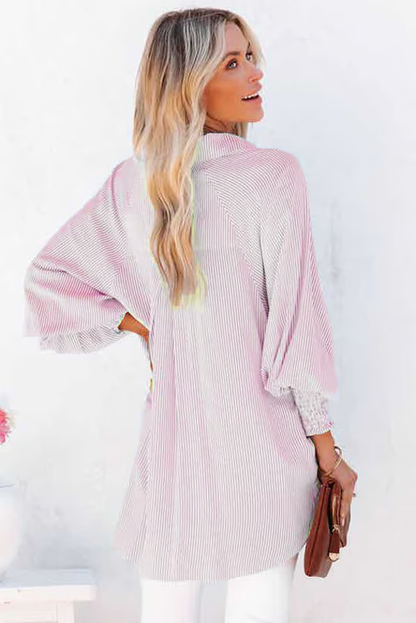 ✨💥Mid-length smocked shirt with striped lapel and oversized drawdown sleeves
