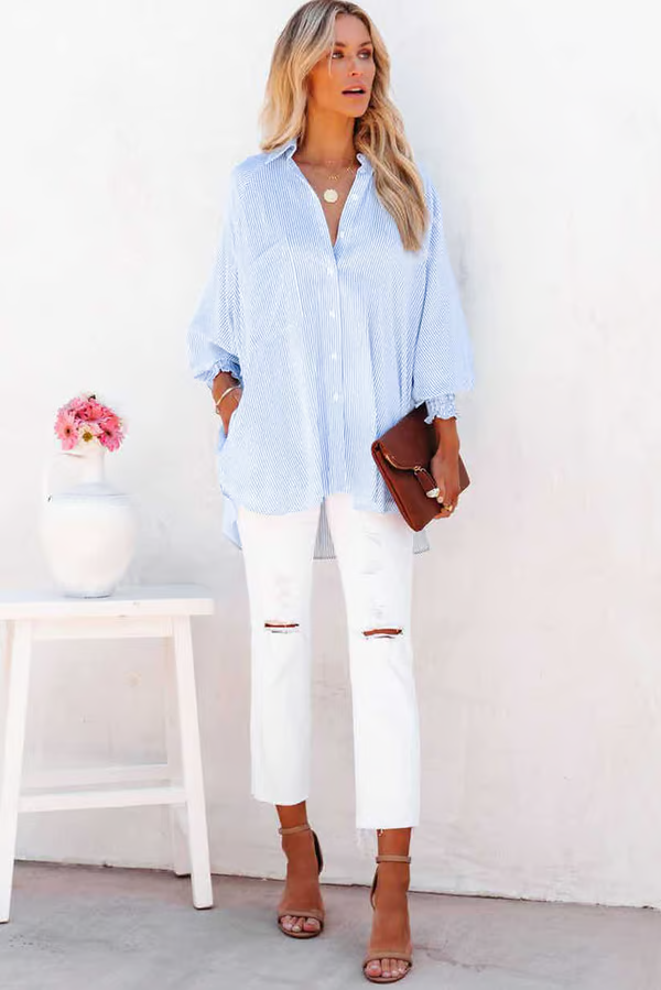 ✨💥Mid-length smocked shirt with striped lapel and oversized drawdown sleeves