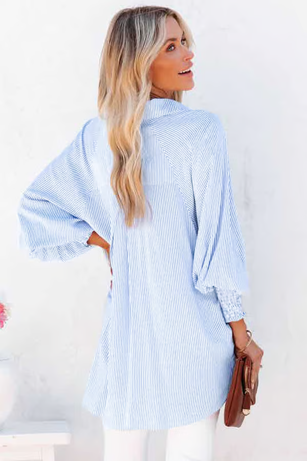 ✨💥Mid-length smocked shirt with striped lapel and oversized drawdown sleeves
