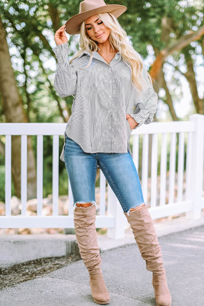 ✨💥Mid-length smocked shirt with striped lapel and oversized drawdown sleeves