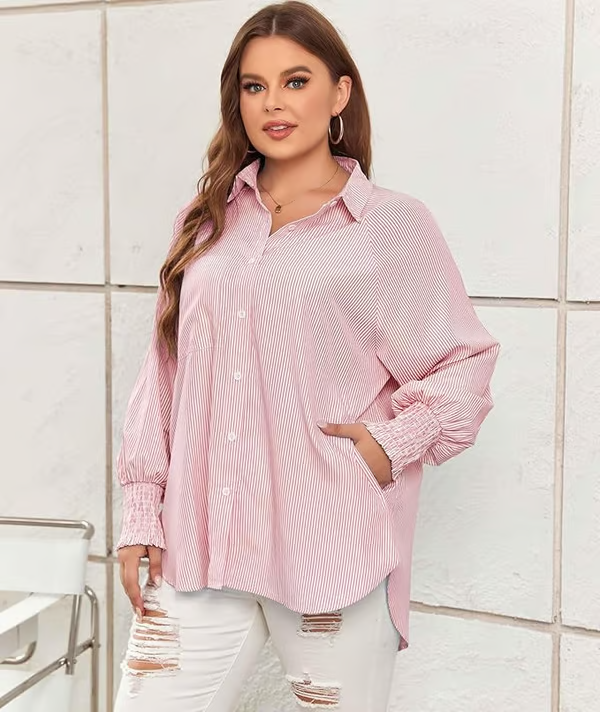 ✨💥Mid-length smocked shirt with striped lapel and oversized drawdown sleeves